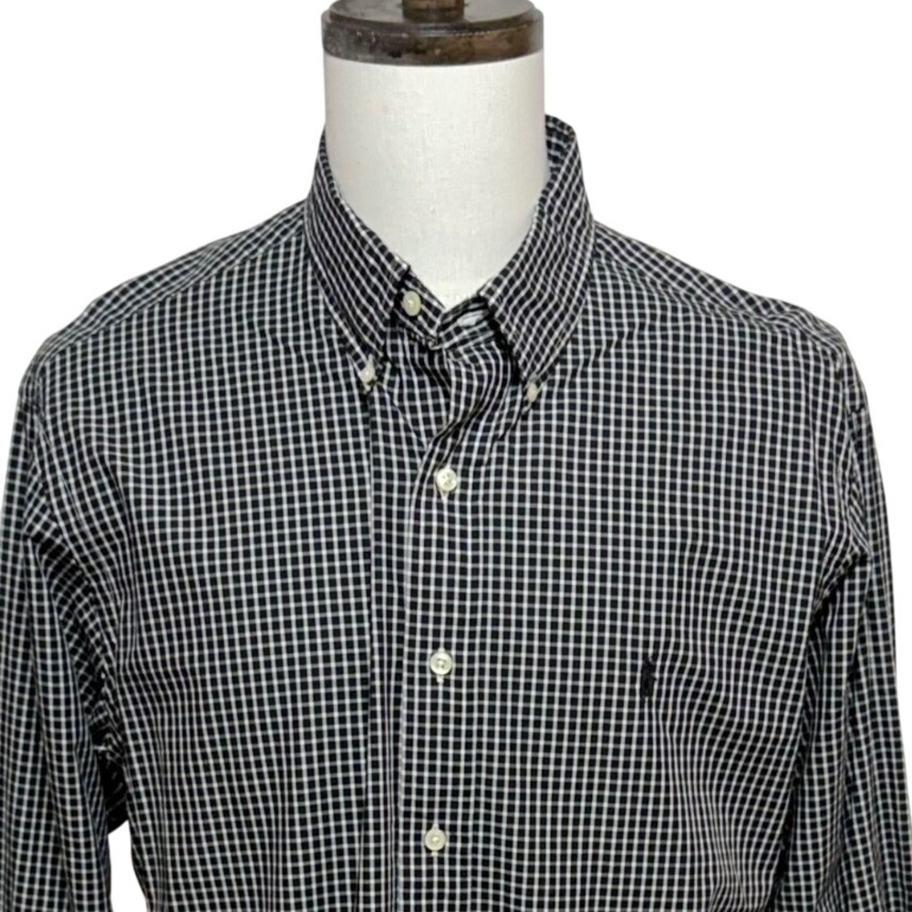 Ralph Lauren Shirt Mens 17.5 36/37 XL Black White Gingham Custom Fit Long Sleeve